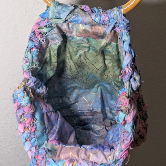 Boho Hand-Knit Silk Ribbon Mini Bag with Bamboo Handles - Picture 3 of 5